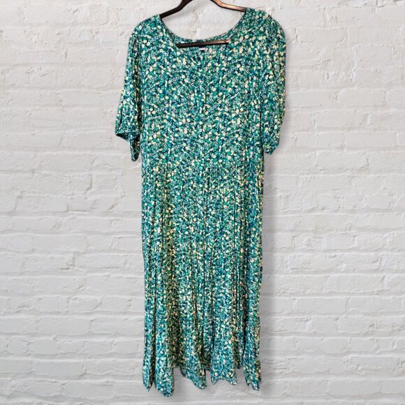 XL Old Navy Green Floral Puff-Sleeve Button-Front Midi Swing Dress - Picture 4 of 7